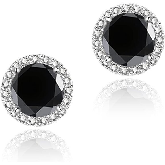 Women's Round Black Birthstone Elegant Mall Dainty Halo Cubic Zirconia Earring - Picture 1 of 6